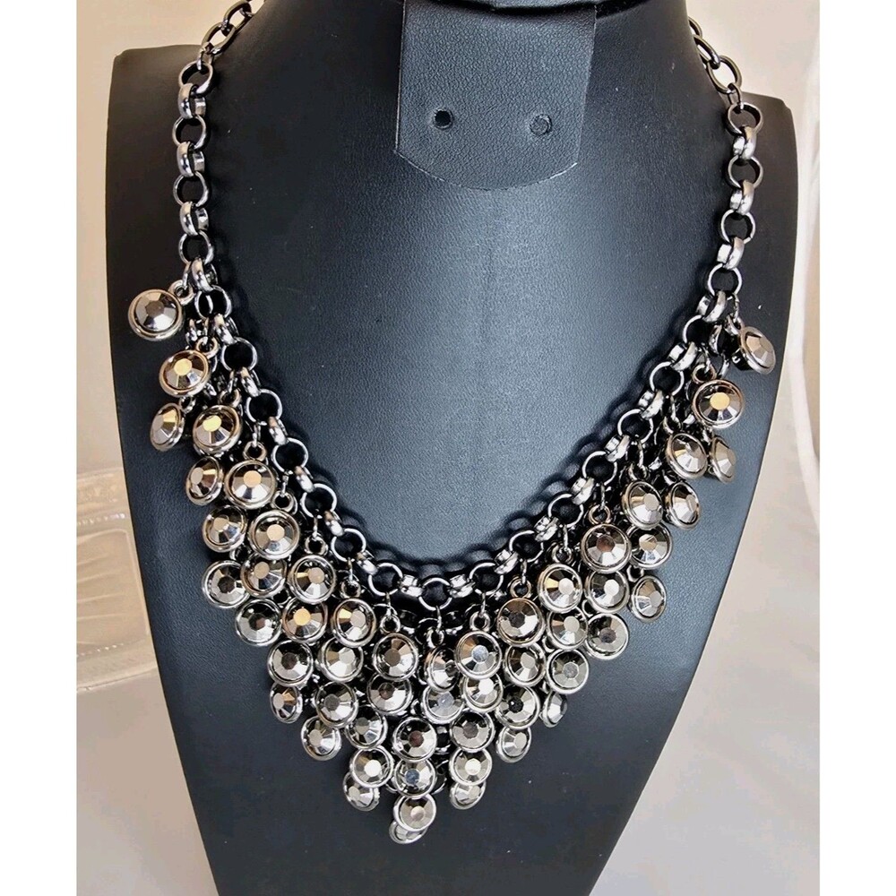 Steve Madden Gunmetal Rhinestone Fringe Statement Necklace Glam Bib #988